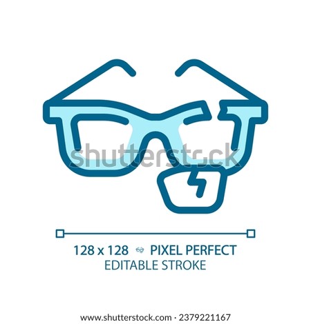 2D pixel perfect editable blue broken eyeglasses icon, isolated monochromatic vector, thin line illustration representing eye care.