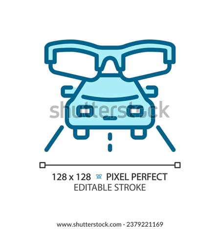 2D pixel perfect editable blue car and eyeglasses icon, isolated monochromatic vector, thin line illustration representing eye care.