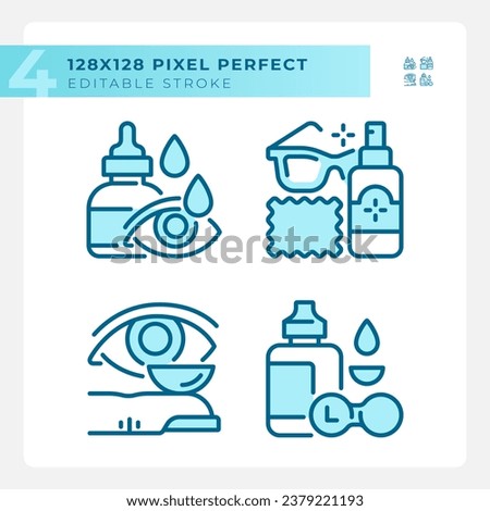 2D pixel perfect blue icons set representing eye care, editable thin linear illustration.
