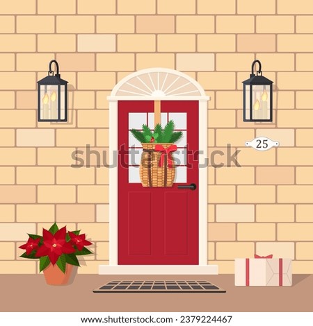 Cute red front door with Christmas decoration, lantern, gift and poinsettia. Exterior concept for house. Cartoon flat style. Vector illustration