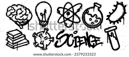 Set science graffiti spray paint. Collection of brain, lightbulb, molecule, chemical test tube, bacteria, book Isolated Vector