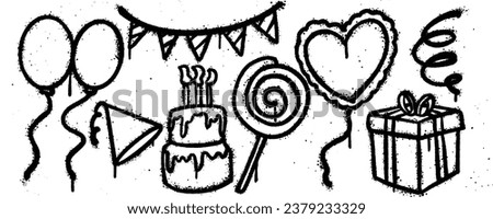Set graffiti spray paint. Collection of balloon, party ornament, gift box, love balloon, lollypop, cake, birthday hat Isolated Vector