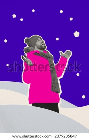Vertical collage image of positive black white effect guy raise arms catch snowflakes isolated on creative painted snowy background