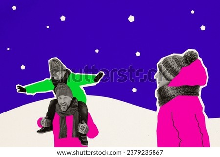 Creative collage picture of overjoyed black white parents son piggyback play have fun snowfall isolated on drawing background