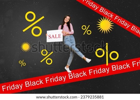 Black friday coupon voucher collage with lady promoter hold paper message with incredible sale