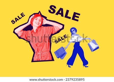 Poster banner template collage of two people shopaholic ladies enjoy black friday special offers