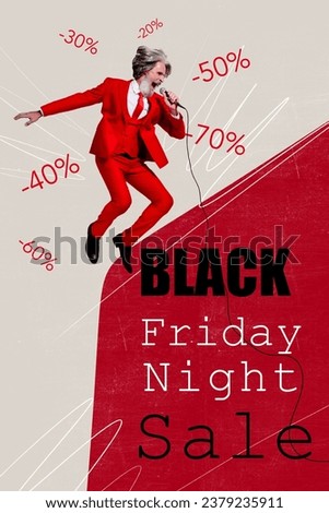 Vertical collage brochure 3d picture of funky cool man singing announcing black friday night sale super total discount