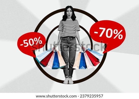 Collage advert of shock reaction speechless girl hold best cheap clothes boutique bags shoppers percentage price isolated on gray background