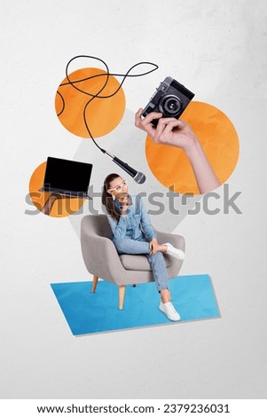 Collage thoughtful media worker specialist journalist young girl reportage microphone preparing new podcast isolated on gray background
