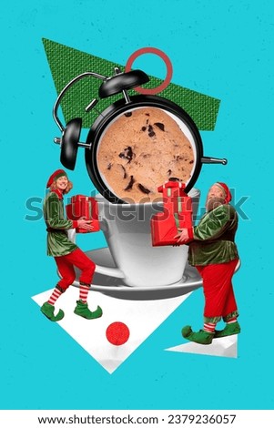 Vertical collage picture of two mini funky elf guys hold new year giftbox big coffee mug cookie inside bell ring clock isolated on blue background