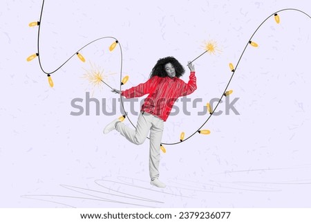 Artwork collage picture of excited black white colors girl hands hold bengal fires dancing new year garland illumination decor