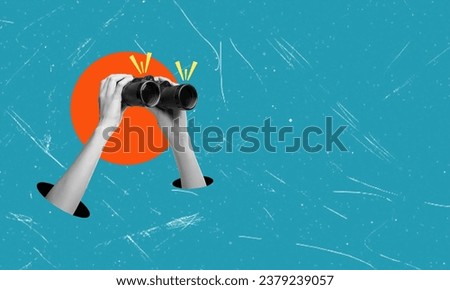 Contemporary artistic collage depicting hands holding binoculars against a blue background with space for text. The concept of planning and analytics.