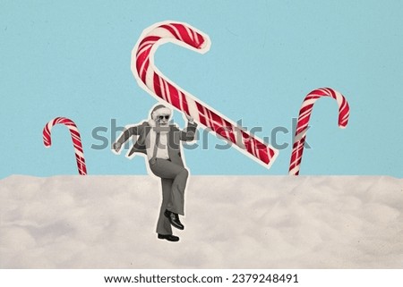 Photo comics sketch collage picture of happy funky santa claus rising new year candy cane isolated creative background