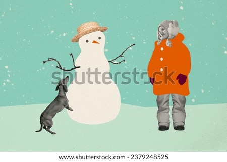 Collage artwork picture of funny little kid building christmas snowman isolated green color background