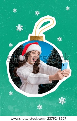 Collage picture of funny excited lady tacking selfie inside christmas tree ball isolated green color background
