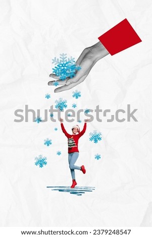 Exclusive picture collage image of hand throwing new year snow flakes funny girl isolated whitte color background