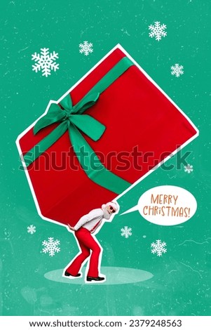 Collage graphics picture of funky santa claus delivering huge new year gift isolated green color background