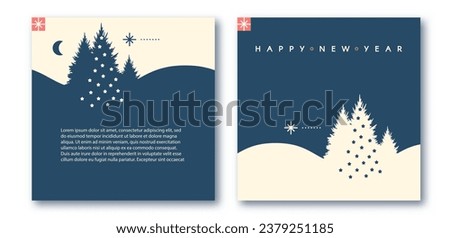 Merry Christmas and Happy New Year flyer and card template set with Christmas trees. Coniferous forest. Fir tree. Season winter offer. Minimal landscape