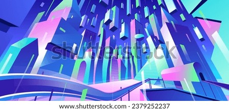 Metaverse future cityscape with skyscrapers, perspective view. Night city street with neon glow buildings and road. Megalopolis in darkness. Urban architecture vector panoramic flat illustration. Royalty-Free Stock Photo #2379252237