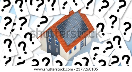 Doubts and uncertainties about photovoltaic system installation on a residential building - concept with home model Royalty-Free Stock Photo #2379260105