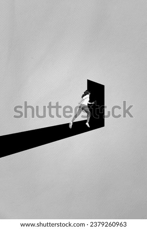 Creative drawing collage picture of young woman running away outside room open door black white magazine sketch advert psychology minds