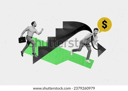 Collage 3d image of pinup pop retro sketch of two funny man stairs running up money achieve goal trader financier economist dollar sign