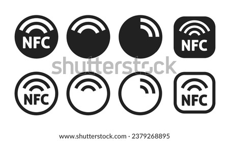NFC icon symbol vector sticker pictogram graphic simple set, wireless contactless signal wifi technology glyph solid and line outline linear stroke label, remote radio antenna transmission sign image Royalty-Free Stock Photo #2379268895