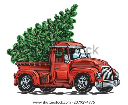 Green fir tree on red retro pickup truck. Merry Christmas and Happy New Year. Vector illustration