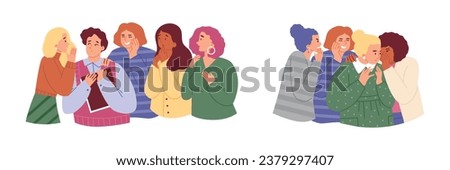 People discussion meeting, gossip together. Women two group and man telling, whispering secrets cover mouth. Surprised shocked person listening to rumors from colleague, friend vector illustration