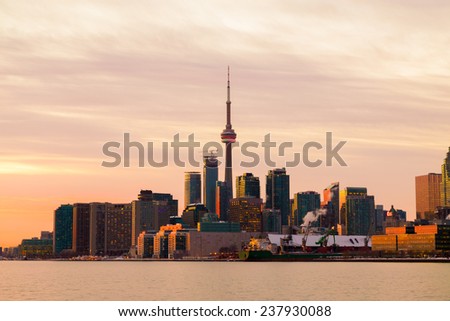 Part of the Toronto skyline from the East at sunset taken with a long exposure