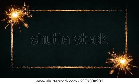 HAPPY NEW YEAR 2024 - Festive New Year's Eve Sylvester Party background greeting card template - Gold empty frame, sparkling sparklers and bokeh lights on dark green black night sky texture Royalty-Free Stock Photo #2379308903