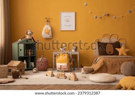 Interior design of child room interior with mock up poster frame, plush monkey, star, wooden block toys, yellow wall, stylish lamp, beige rug and personal accessories. Home decor. Template.