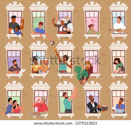 Neighbor Characters In Open Windows Share Stories, Laughter, And Occasional Glimpses Of Daily Life, Fostering A Sense Of Community And Connection Through The Panes. Cartoon People Vector Illustration