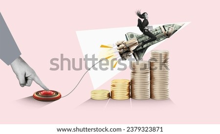 Art collage. Launch of a Money rcket with a smiling business woman. on isolated PNG Background. Successful start up concept. Leadership, leading to success or business vision concept