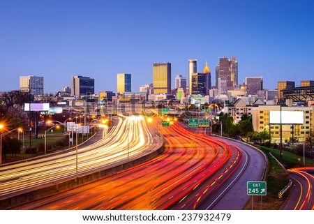 Atlanta, Georgia, USA downtown city skyline over the interstate highway.