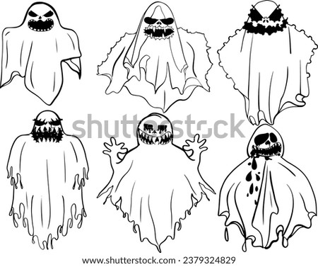 ghosts face, Ghostly monster with Boo scary face, Spooky ghost flat vector icon set. vector illustration
