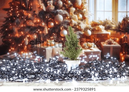 Board of free space cover of christmas lights and christmas tree decoration. Winter mockup of empty place for your decoration. 