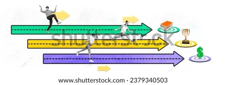 Creative template graphics collage image of different people running achieving various spheres success isolated white color background