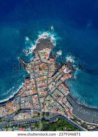 Aero Photography. View from flying drone.Panoramic cityscape of old town of Punta Brava, near the town of Puerto de la Cruz on the island of Tenerife, Canary Islands, Atlantic Ocean, Spain.