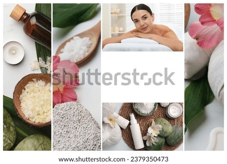 Beauty and health care, collage. Photo of woman relaxing in spa salon, different supplies and products. Space for text