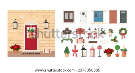Collection of elements for decorating front door. Set includes Christmas tree, wreath, street lights, signs, garland. Exterior concept for house. Cartoon flat style. Vector illustration