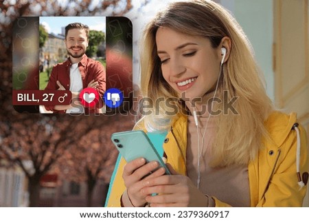 Smiling woman looking for partner via dating site outdoors. Profile photo of man, information and icons