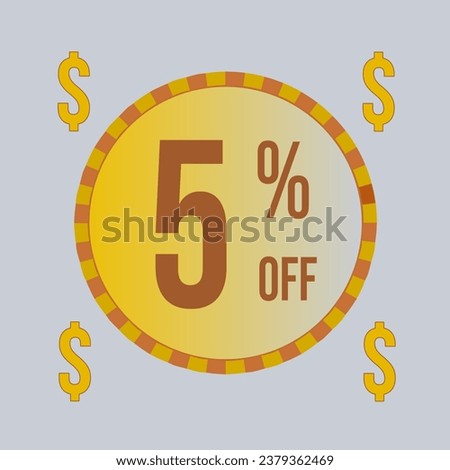 5 percent off blue banner with yellow coin for promotions and offers.
