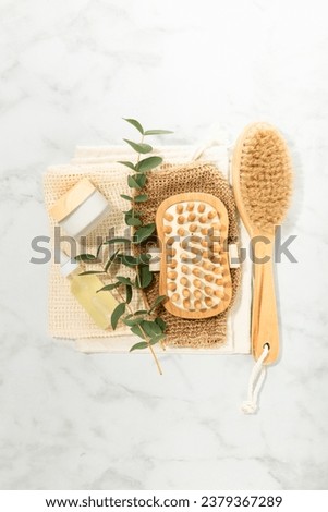 Sustainable lifestyle concept. Top view photo of eco friendly personal care products on grey background