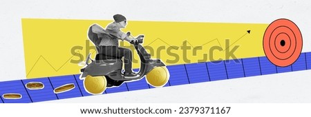 Panorama creative composite photo collage of elderly man drive motorcicle with coin wheels ride on aim isolated painted background