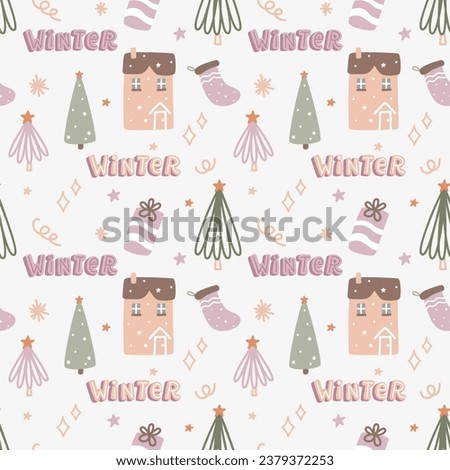 Christmas seamless pattern with winter holiday elements. Vector graphics for the design of wallpaper, wrapping paper, textiles, clothing, for prints on mugs, pillows, cases