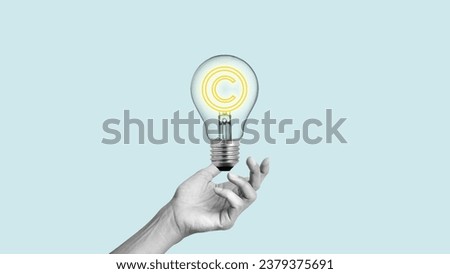 Collage with light bulb. Intellectual property rights. Copyright or patent concept, intellectual property. Patented brand identity license product copyright. Royalty-Free Stock Photo #2379375691