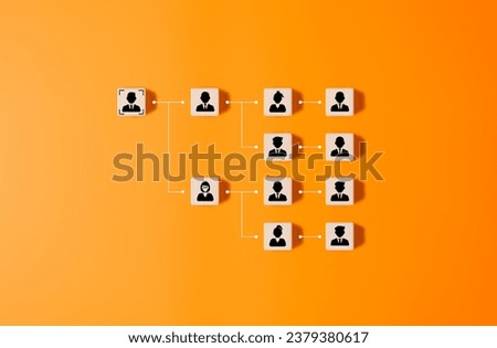 Organization chart, mind map, or organigram. Wooden blocks with people icons on orange background. Human resources career path, employees leveling hierarchy table. People team structure tree diagram. Royalty-Free Stock Photo #2379380617