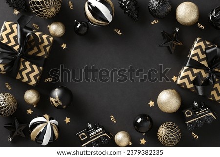 Christmas frame. Black Xmas background with striped gift boxes, luxury balls, confetti. Christmas frame, greeting card template, web banner mockup. Flat lay, top view, copy space	