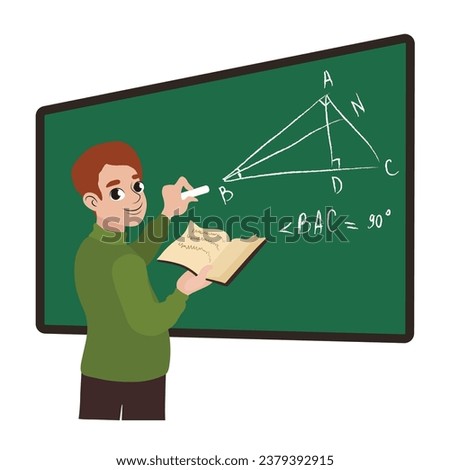 Male math teacher writing on blackboard against white background